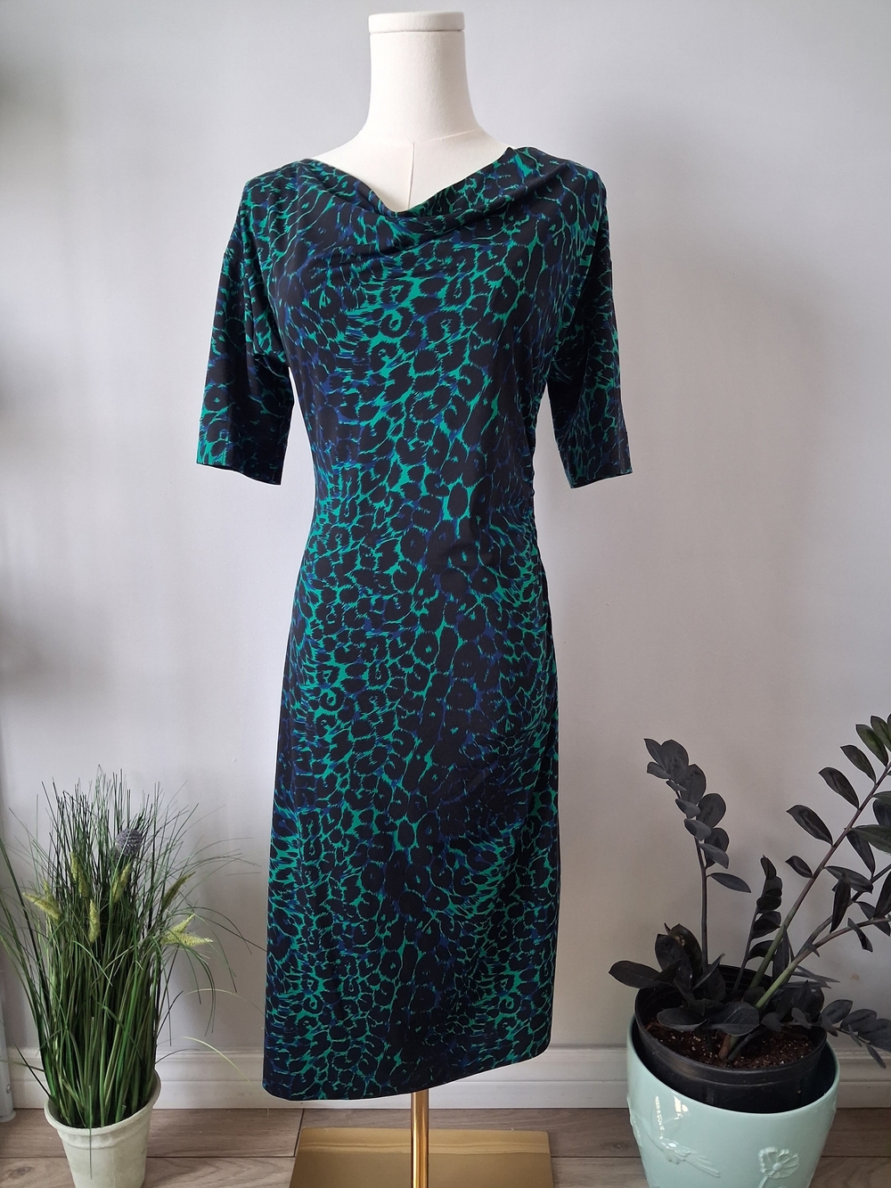 BCBGMaxAzria Teal and Black Leopard-Print Midi Dress